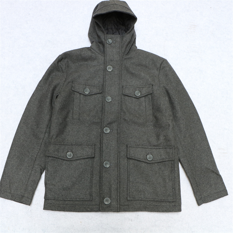 中款加棉呢子外套棉衣连帽四袋兜