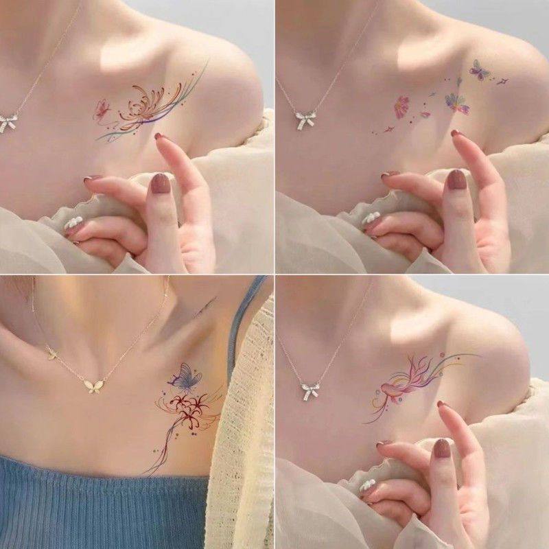 夏日性感锁骨纹身贴彼岸花朵纹身贴防水女持久线条蝴蝶小清新手臂