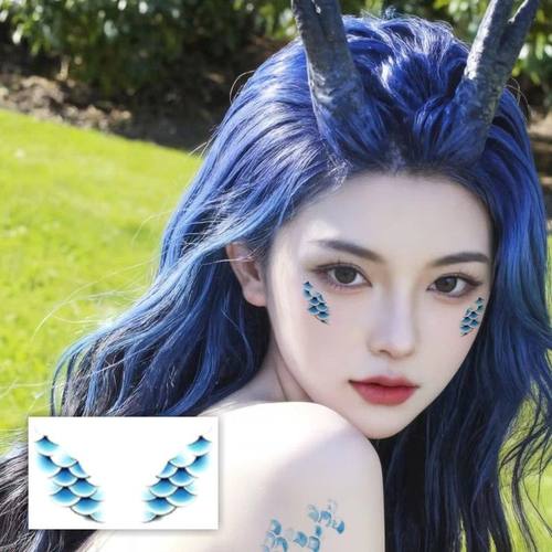 COS敖闰脸贴蓝色龙鳞片彩色纹身贴纸防水鱼鳞国风网红彩绘甜酷