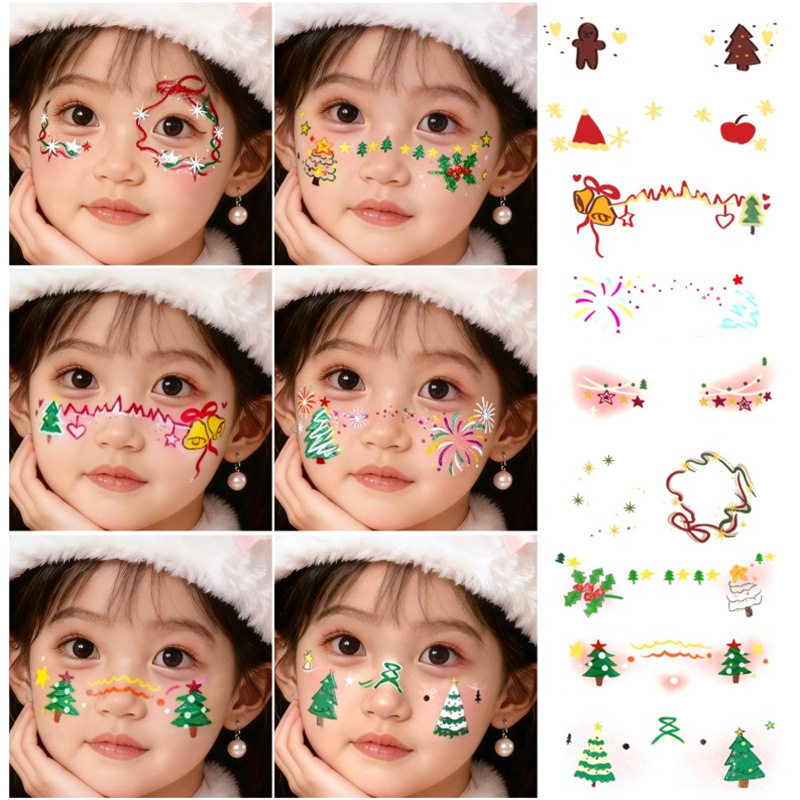 可爱圣诞节妆容腮红贴纸圣诞树可爱卡通脸贴儿童男女纹身贴烟花