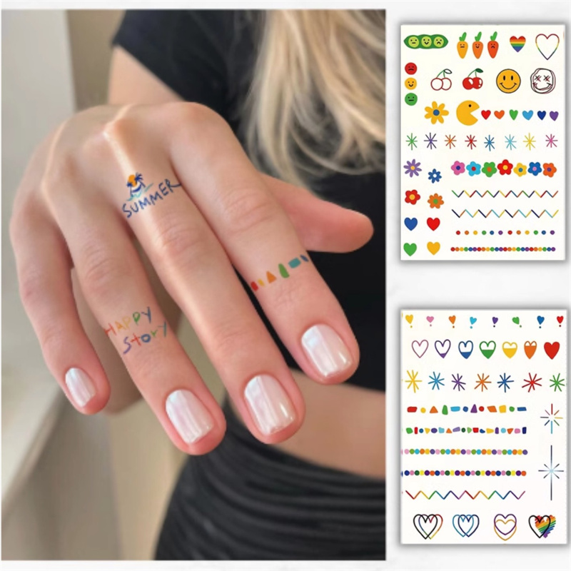 彩色可爱纹身贴戒指手指小图案线条爱心英文贴纸泫雅风女持久
