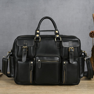 疯马皮复古公文包男士真皮手提包多口袋旅行包头层皮单肩包
