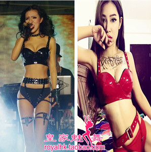 欧美夜店新款ds舞队dj大气gogo演出服女歌手亮皮铆钉比基尼三件套
