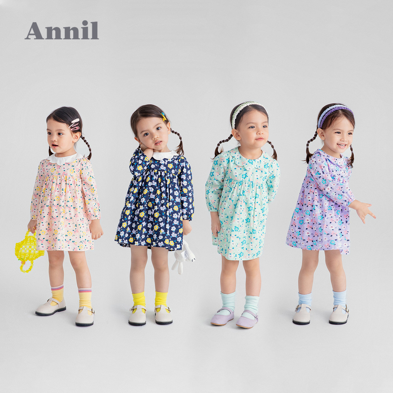 安奈儿童装女小童长袖连衣裙春秋季款宝宝柔软透气碎花A字裙