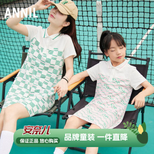 安奈儿女童翻领短袖网球连衣裙纯棉2023夏新款学院风运动棒球裙子