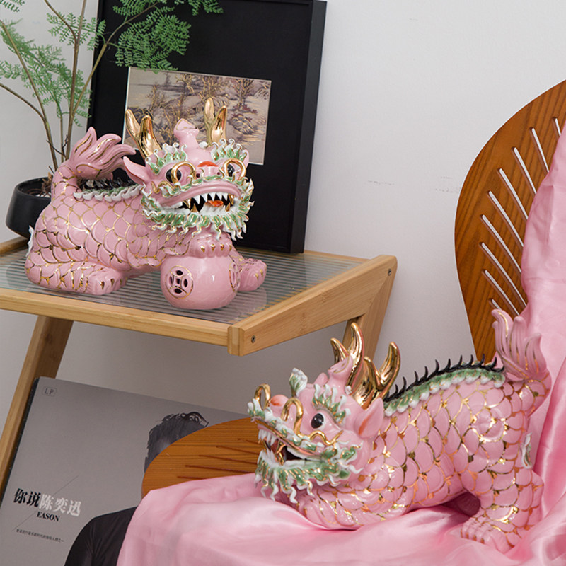 新中式手绘粉红色陶瓷麒麟一对招财摆件高级艺术家居玄关软装饰品,家居饰品,桌面摆件,淘宝优惠券,粉丝福利购,淘宝优惠卷