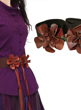 阿卡莫伊女款狂生记紫萸香立体手编花朵装饰弹力腰带腰封G09669