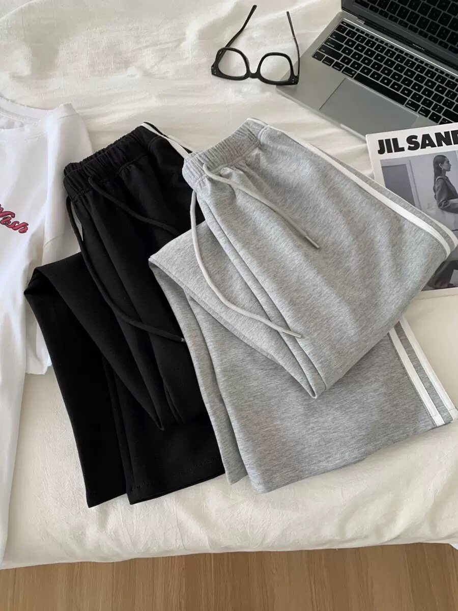 学院风侧边双杠校服卫裤女2026早秋韩系百搭显瘦阔腿裤拖地长裤潮