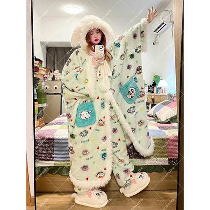 可爱蜡笔小新睡衣少女冬季珊瑚绒连帽睡袍加绒加厚斗篷家居服套装