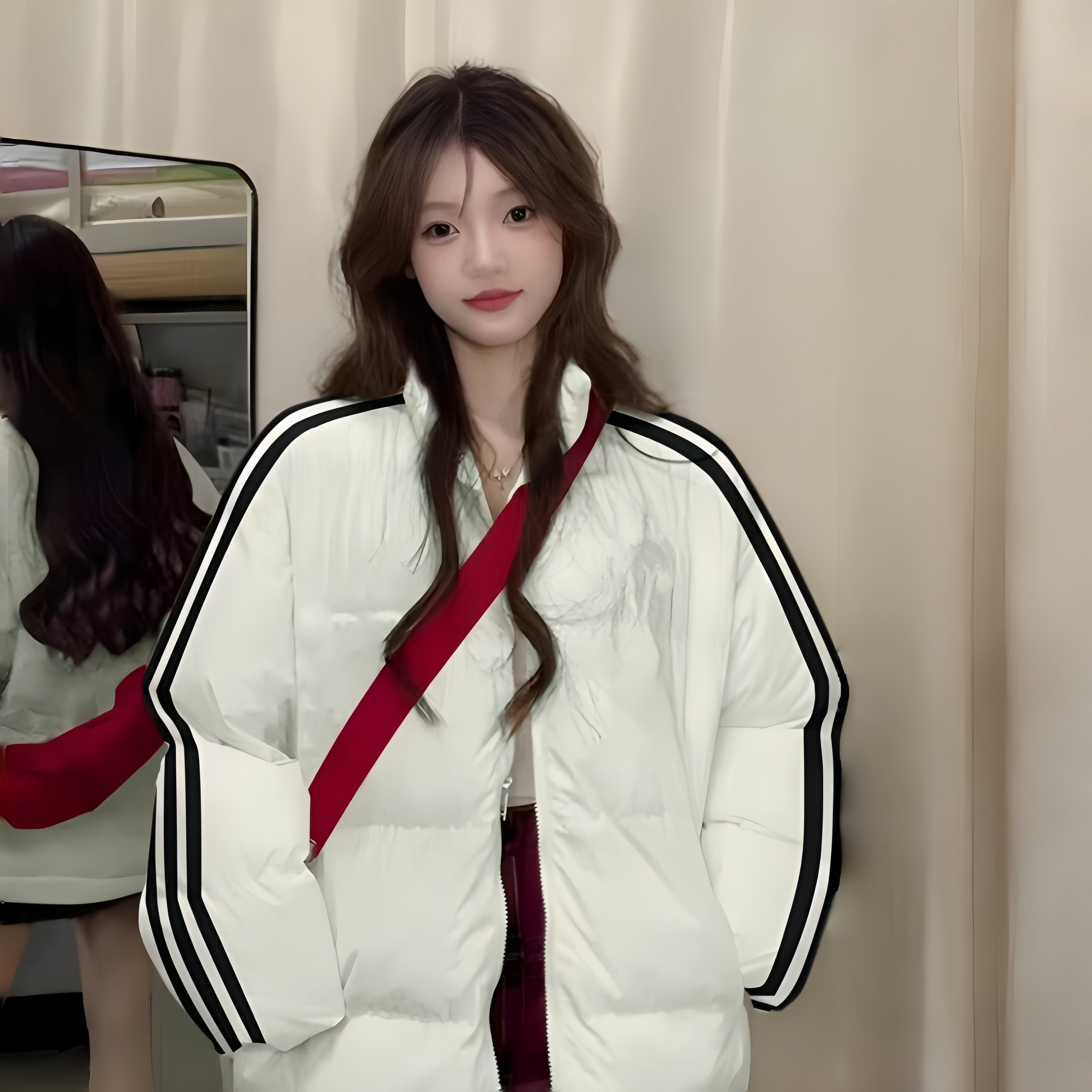 加大码胖妹妹羽绒棉服女秋冬新款简约三条杠立领宽松保暖加厚外套