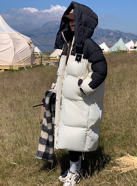 2025年新款女冬季韩版加厚宽松棉服中长款撞色时尚拼接连帽外套潮