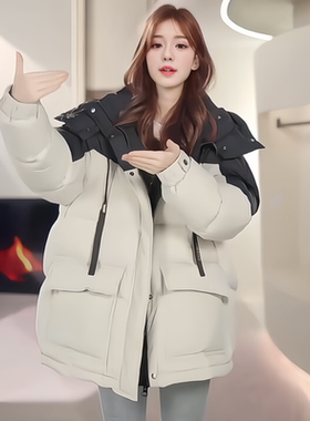 韩版时尚拼色连帽棉服女2025年冬季巨好看超火小个子宽松面包服