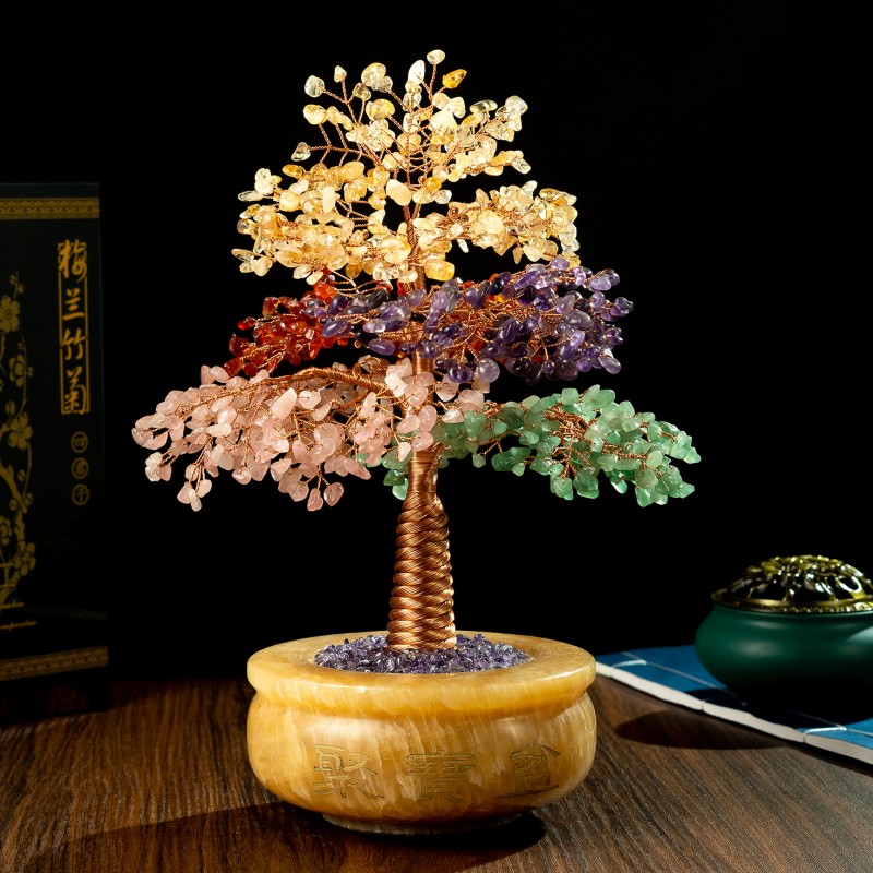 新款纯手工天然黄水晶紫水晶招财树办公室家居发财树聚宝盆摆件