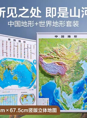 2025中国地形图和世界地图地形图挂图 3D高清精雕凹凸立体地形图 92*67cm大尺寸办公室墙面装饰画 中小学生用地理竖版地图