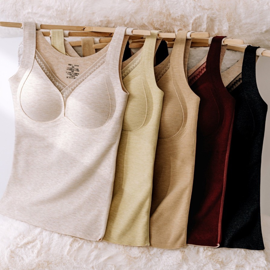 369新款V领带胸垫秋冬保暖背心女加绒加厚双面磨毛提拉打底上衣