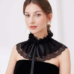 黑色蕾丝抽褶花边装饰假领子法式精致双层蕾丝披肩立领配饰娃娃领