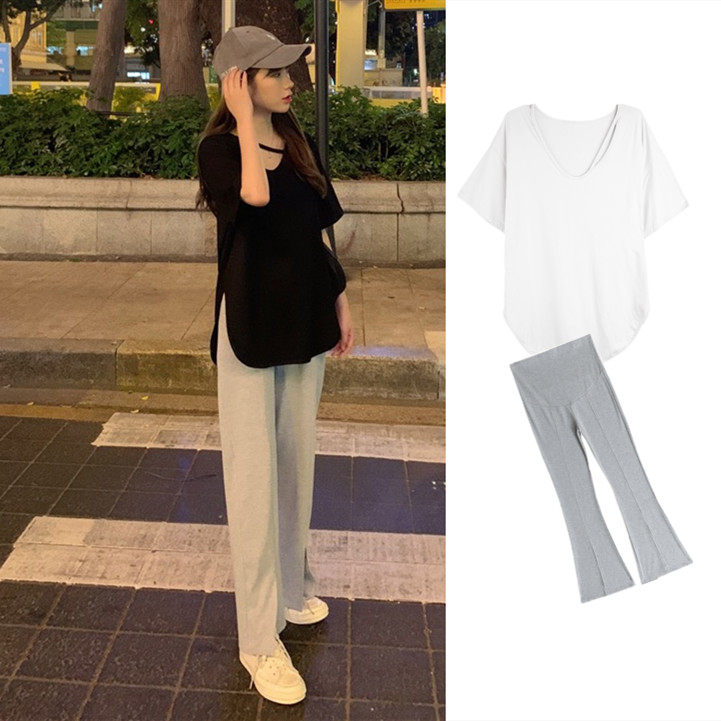 MATERNITY SUMMER SUITS FASHIONABLE SLIT SHORT SLEEVE T-SHIRTS MID-LENGTH TOPS KOREAN VERSION OF THE BELLY TROUSERS TWO-PIECE TREND