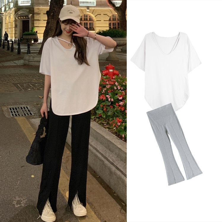MATERNITY SUMMER SUITS FASHIONABLE SLIT SHORT SLEEVE T-SHIRTS MID-LENGTH TOPS KOREAN VERSION OF THE BELLY TROUSERS TWO-PIECE TREND
