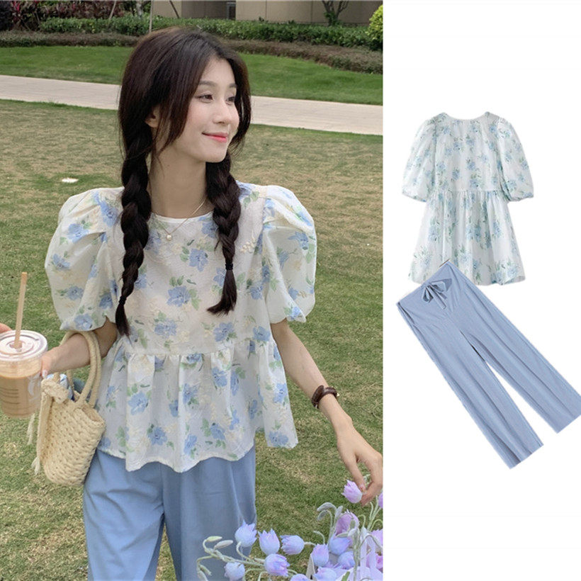 MATERNITY SUMMER SUIT PUFF SLEEVE HEAVY WORK FLORAL EMBROIDERY ROUND NECK TOP SHORT SLEEVE SHIRT MIDI LENGTH TWO-PIECE SET