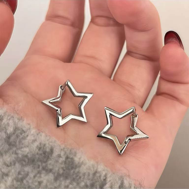 S999纯银针立体五角星耳扣