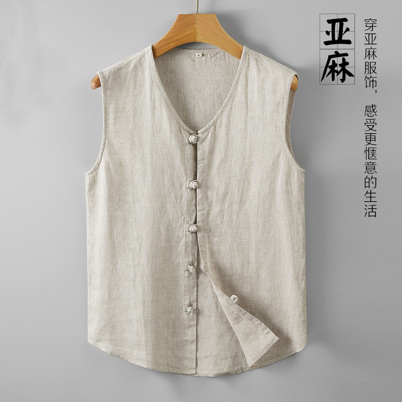 100%纯亚麻男士背心马甲中国风透气排汗夏季唐装汗背心男坎肩复古