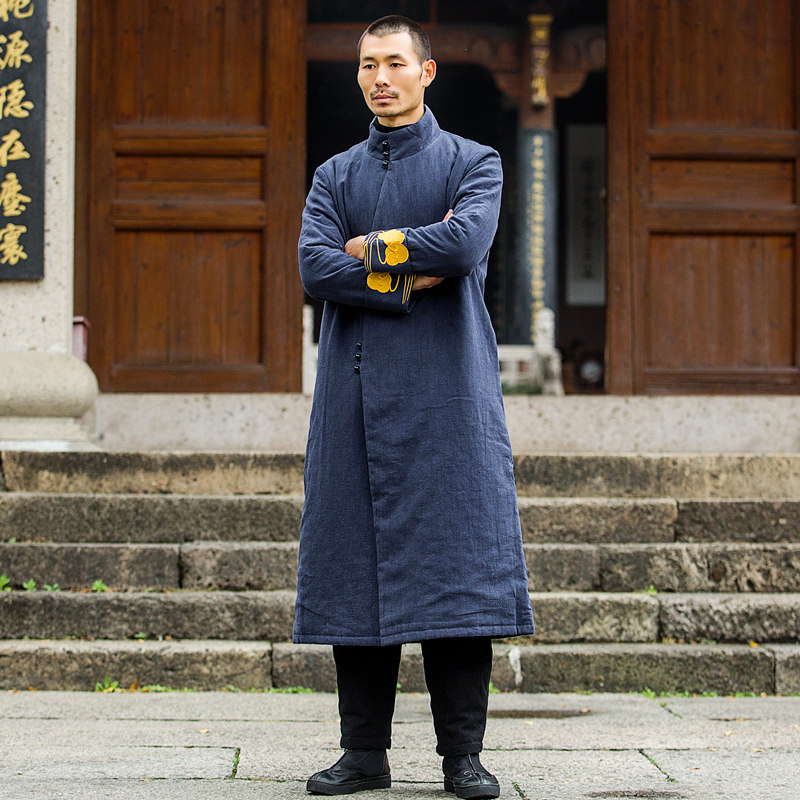 冬季中国风男装长款汉服棉袄复古民国棉袍子加厚亚麻中式唐装棉衣