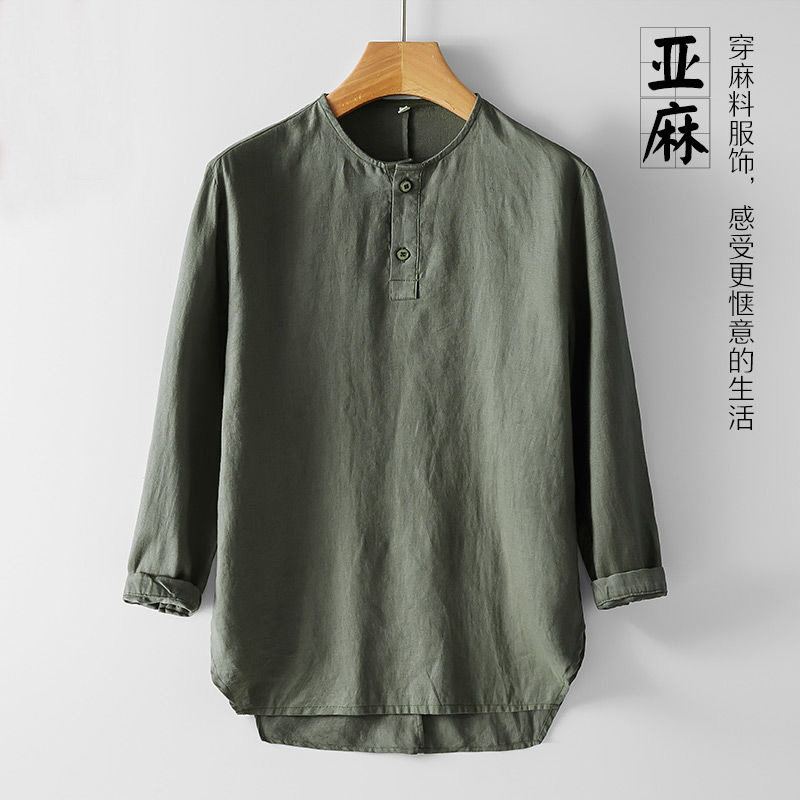 100%纯亚麻七分袖T恤薄款男士复古文艺衫休闲宽松圆领中袖上衣