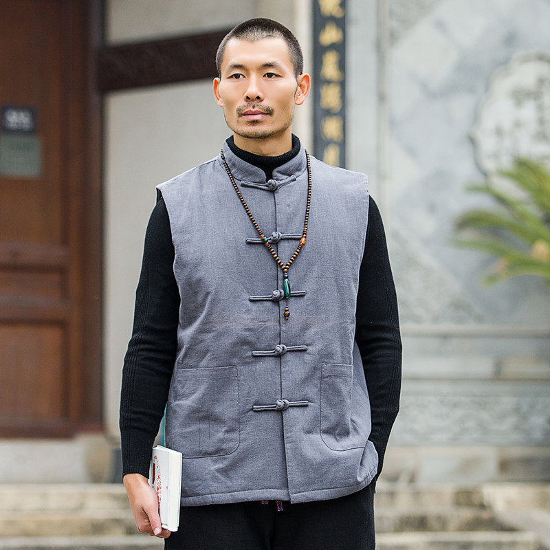 秋冬中国风男装亚麻唐装棉马甲复古中式盘扣外套中老年棉背心坎肩
