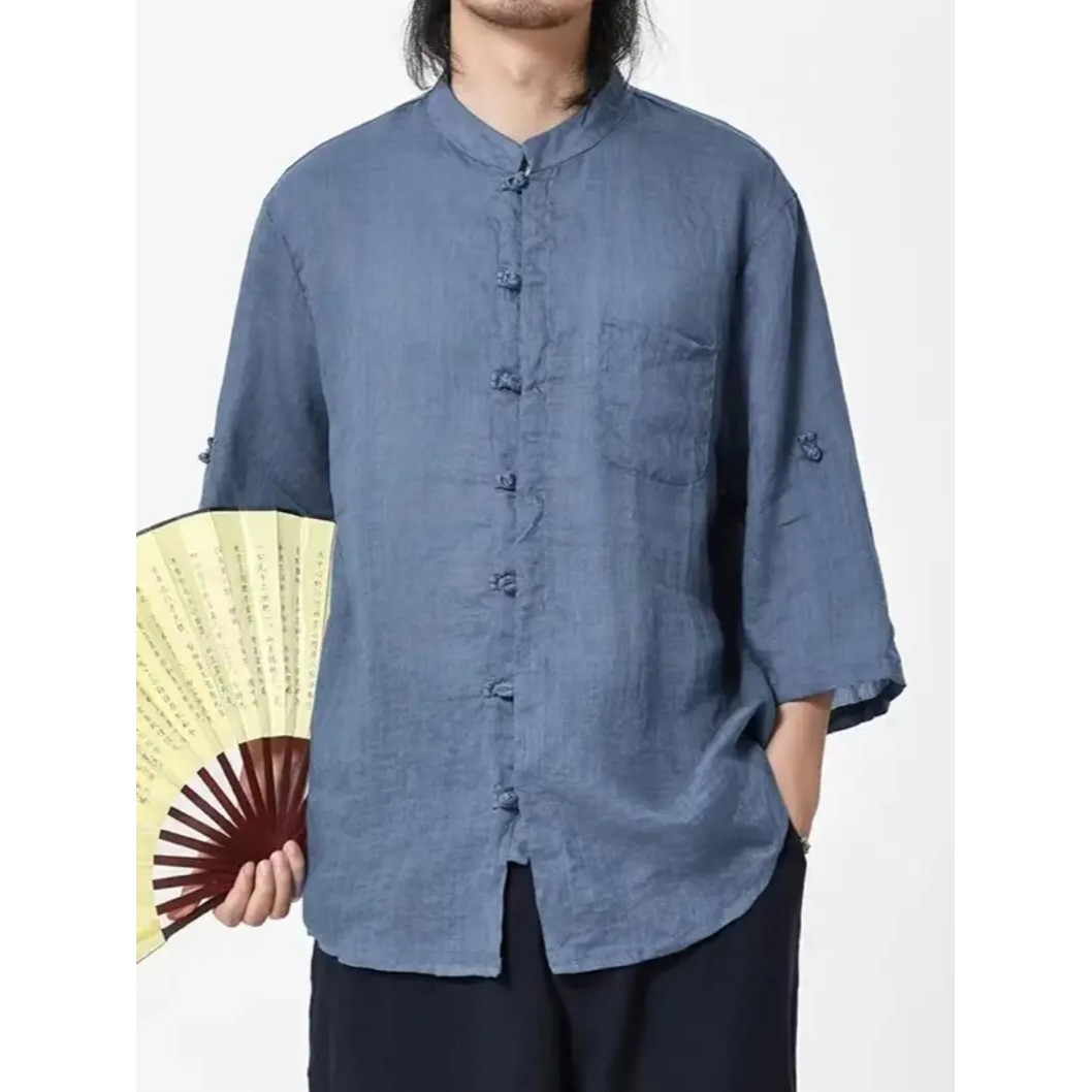 纯苎麻衬衫男士唐装衬衣国风男装夏季超薄款七分袖中式亚麻上衣