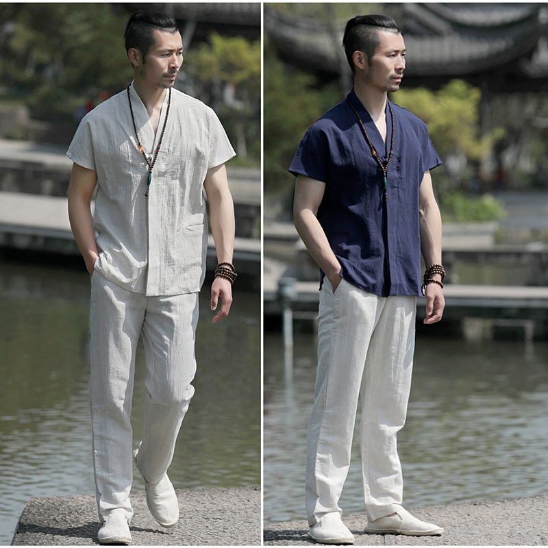 棉麻居士服禅茶服中国风唐装汉服男士亚麻套装短袖宽松古风男装