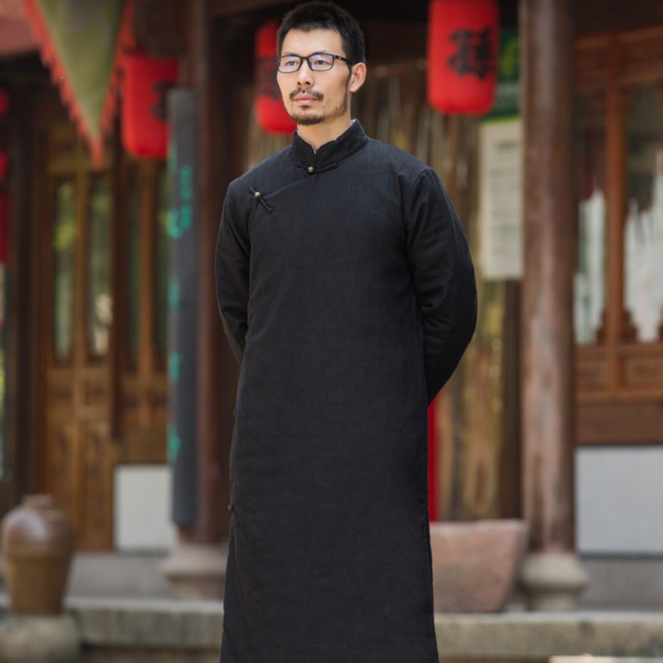 冬季加厚民国长衫唐装汉服棉袄中国风男装长款亚麻棉衣中式长袍子