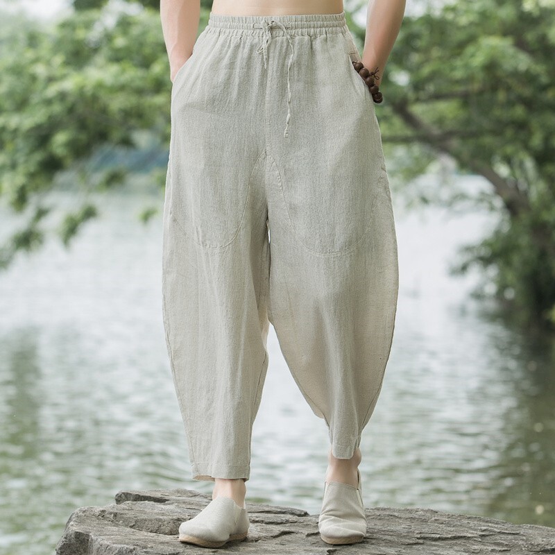 纯亚麻九分裤男士宽松阔腿裤中国风男裤夏季薄款哈伦裤棉麻休闲裤