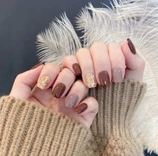 新款网红高级感显白云母棕跳色手工定制美甲贴片可拆卸