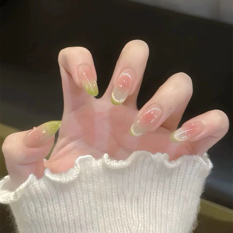 波点夏天青苹果绿猫眼绝美简约清新氛围感纯手工穿戴美甲贴片