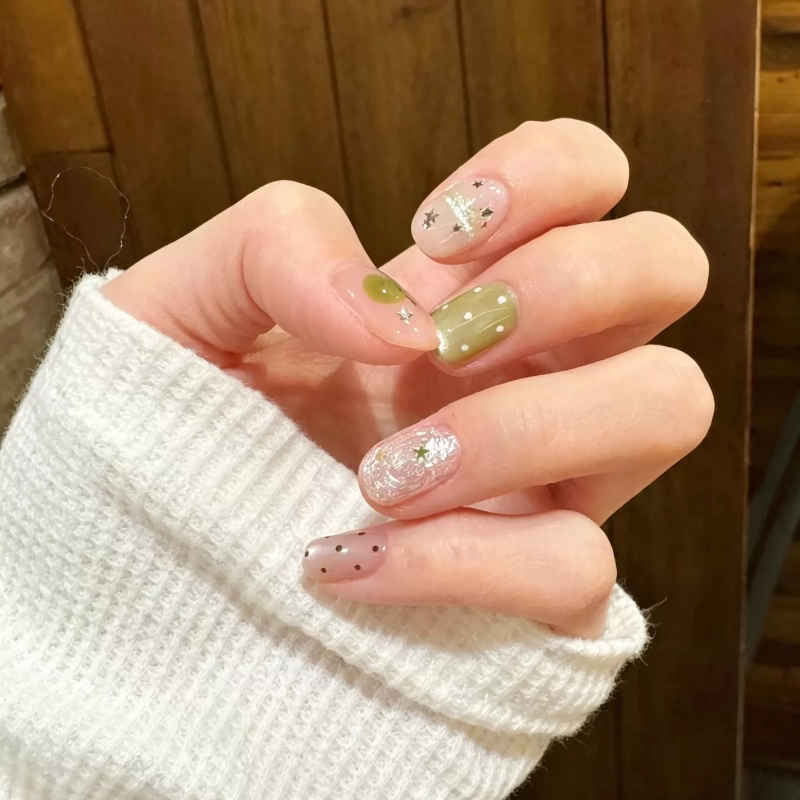 波点夏天青苹果绿猫眼绝美简约清新氛围感纯手工穿戴美甲贴片