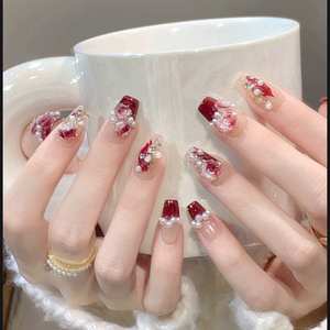 穿戴甲红色暗夜山茶花美甲贴片假指甲可拆卸成品新娘孕妇显白