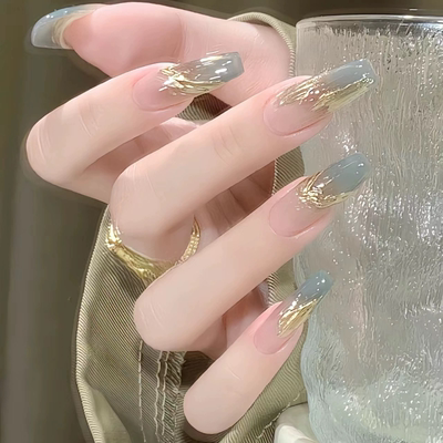 2025年显白冰透蓝魔镜粉纯手工定制长款穿戴甲可拆卸手工美甲成品