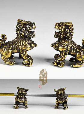 纯铜微缩摆件 仿古黄铜狮子对狮小号双狮书桌摆件观赏收藏
