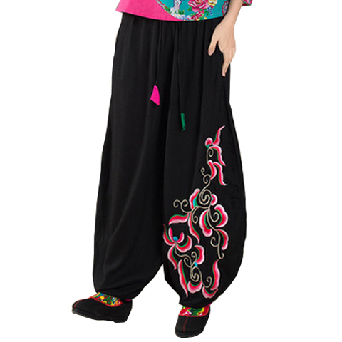 松紧腰民族风棉麻刺绣灯笼裤