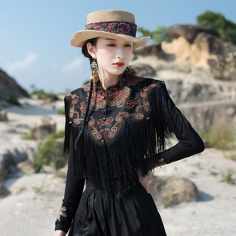 春夏民族风复古立领刺绣提花流苏披肩女 外搭特色云肩上衣