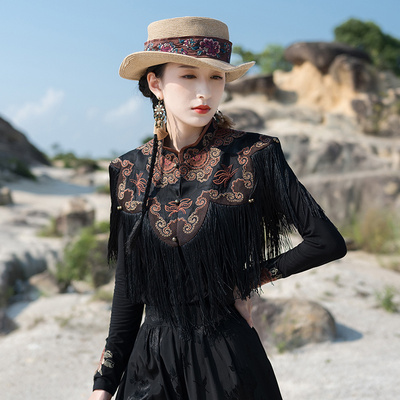 春夏民族风复古立领刺绣提花流苏披肩女 外搭特色云肩上衣