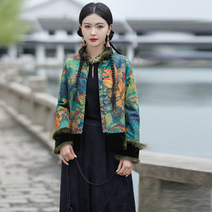 冬装民族风拼丝绒水貂毛薄棉衣女 中国风复古加棉新中式棉服外套