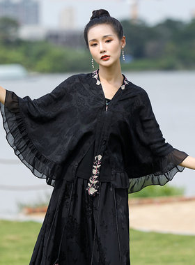 春装民族风复古提花刺绣大码宽松小衫上衣女复古休闲斗篷外披外衣