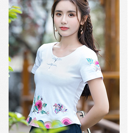 夏季新款民族风纯棉刺绣T恤女 复古盘扣修身中式女装短袖上衣小衫