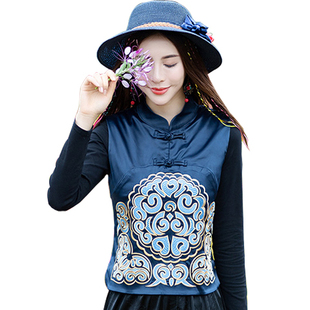 秋装民族风女装复古弹力绸缎绣花马甲 中国风中式背心坎肩马夹女