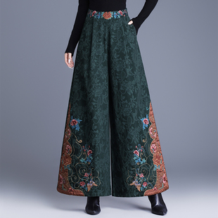 子大脚裤 秋冬中国风重工绣花高腰阔腿裤 女复古宽松提花棉休闲长裤