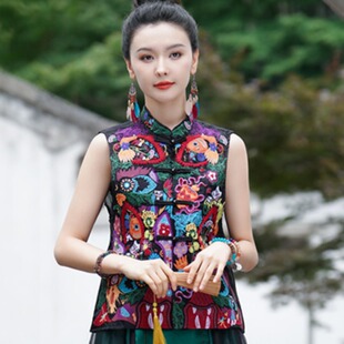 夏装民族风中式欧根纱重工绣花背心马夹女 复古满绣坎肩盘扣上衣