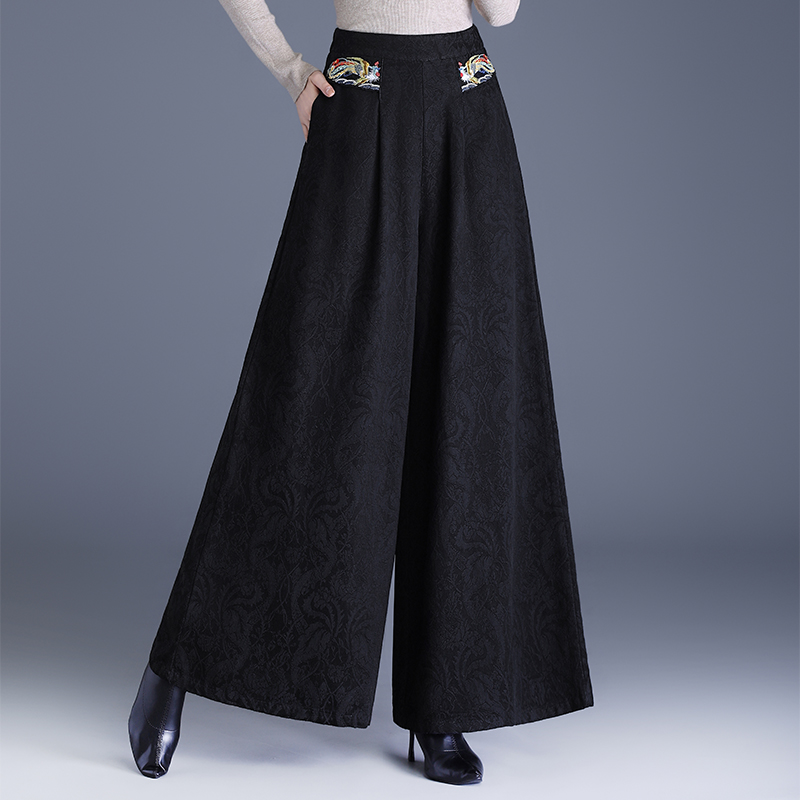 秋冬民族风复古绣花宽松休闲阔腿裤女提花棉高腰长裤大脚裤喇叭裤