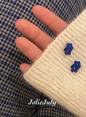 JolieJuly韩国代购 精致mini蓝色小花朵耳钉高饱和色洋气小钻石款