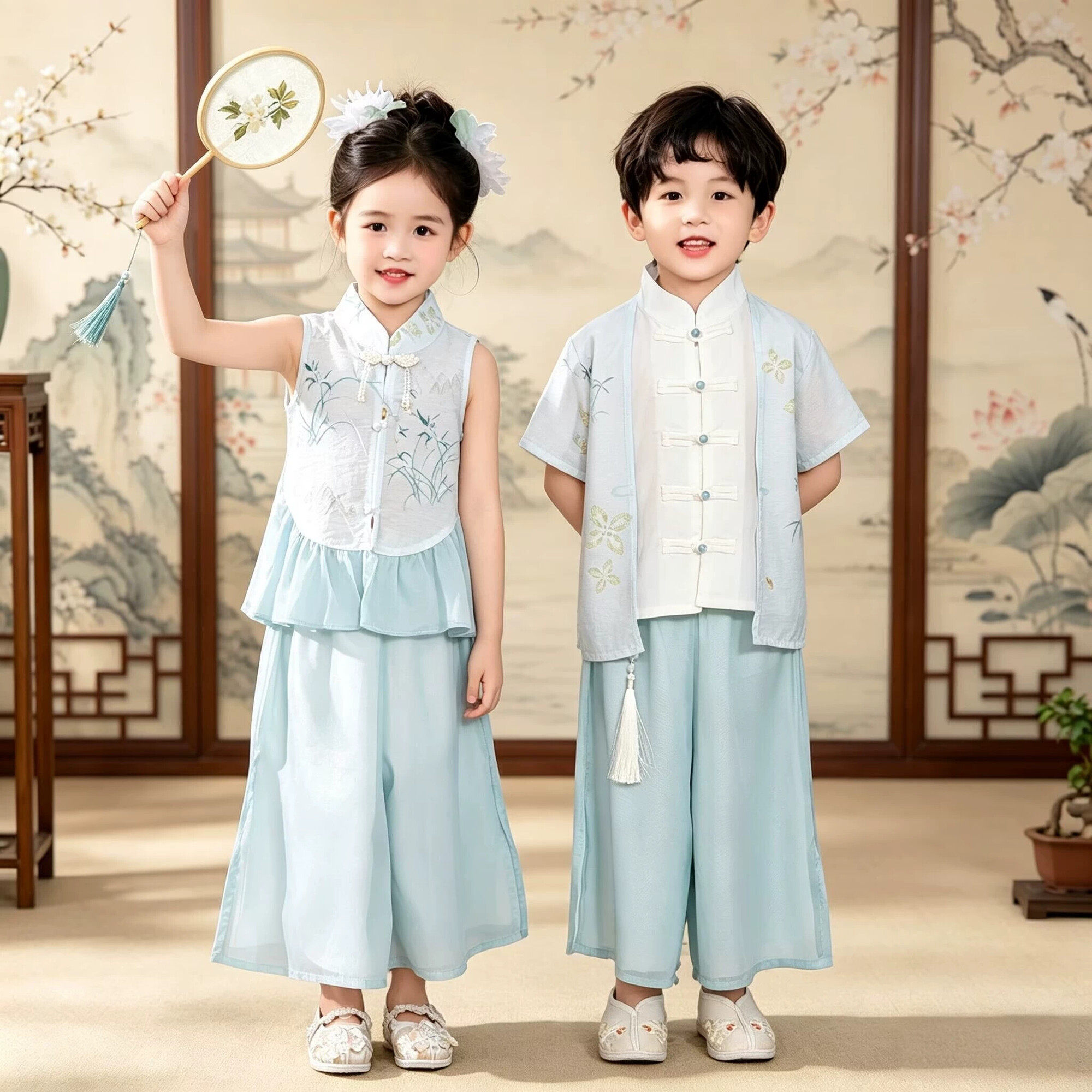 男女童汉服日常古风夏季套装儿童中国风唐装幼儿园毕业典礼演出服